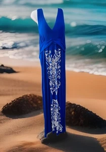 Maxi abito donna Evogues Medici XL 1X blu/bianco ricamato twist aperto davanti - Foto 1 di 4