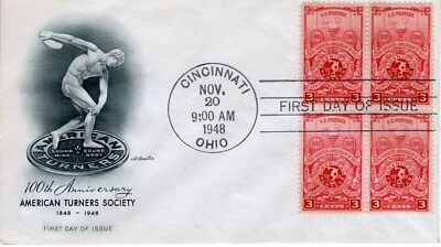 USPS #979 1948 3c American Turners Society 100th Anniv ArtCraft BLK of 4  ST3493 - Image 1 of 3