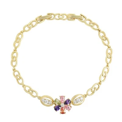 Pulsera Mujer Chapada en Oro 14K Cristales Multicolores Flor Oro Laminado Foto 1 de 4