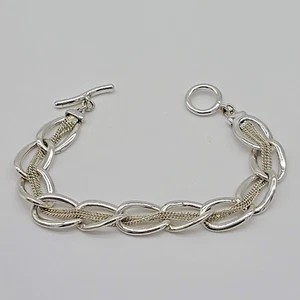 Layered Shiny Silver Link & Woven Multi-Strand Chain Tennis Bracelet - Picture 1 of 6