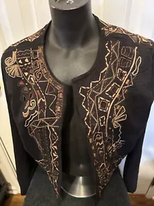 Chicos Size 1 Black With Brown Embroidered Textured Pattern Open-front Cardigan - Picture 1 of 4