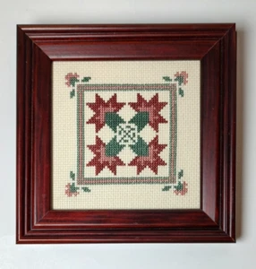 Wood Framed Finished Cross Stitch Quilt Design 6.75" X 6.75" - Picture 1 of 5
