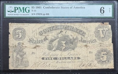 T11 PF-4 1861 $5 Estados Confederados de América CSA S/N 27070 PMG 6 NET Foto 1 de 2