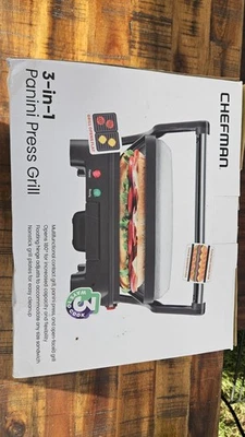 Parrilla de prensa eléctrica interior Chefman 3 en 1 Panini se abre plana para asar a la parrilla NUEVO Foto 1 de 4