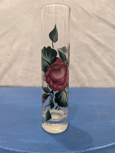 Hand Painted Roses On A Clear Glass Vase 7.5 Inches Tall - Picture 1 of 6