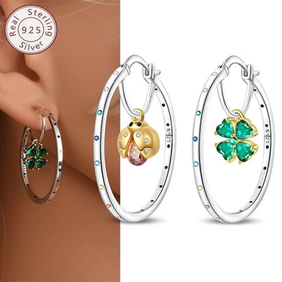 Pendientes de aro grandes PANDACH 925 de plata de ley de cuatro hojas y Ladybug para mujer Foto 1 de 4