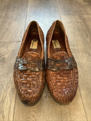 Moreschi 棕褐色编织釉面皮革鳄鱼细节懒人鞋意大利男式美国 10.5 — 第 1/4 张图片