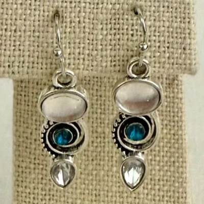 Opal Earrings Blue White Silver Plated Boho Mermaidcore Ocean Inspired Jewelry - Image 1 of 4