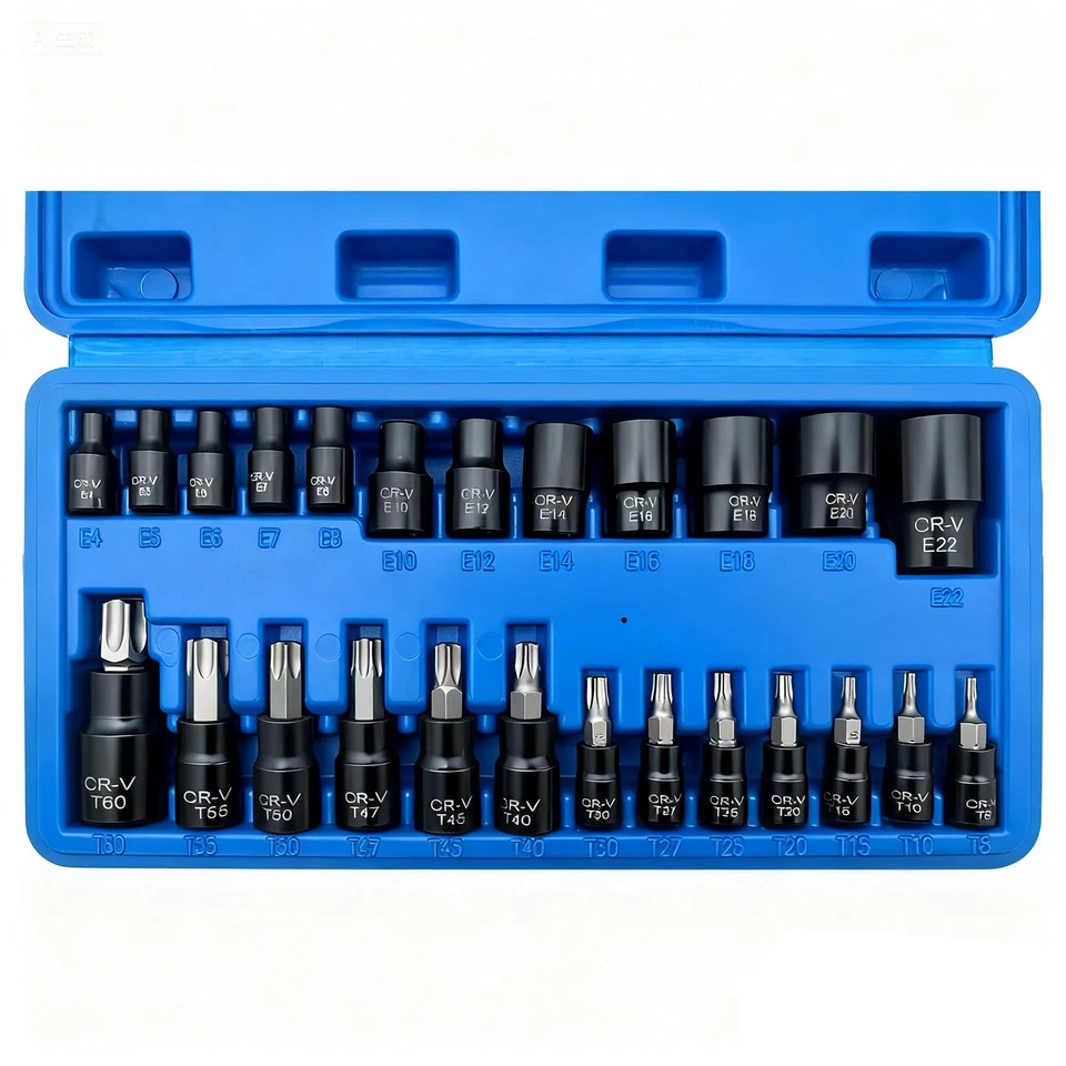 25PCS Torx Bit and Socket Set, Star Bits T8-T60 & E-Torx Sockets E4-E22, 1/4"... - Image 1 of 4