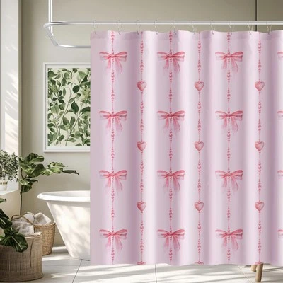 72x72" Pink Bow Shower Curtain Polyester Cloth Set with 12 Stainless Hooks - Image 1 of 4