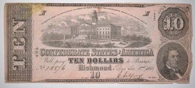 1862 $10 CONFEDERATE STATES CSA T-52 ~ TYPICAL CUT-CANCELED ~ VF/XF!  SN#13876 - Image 1 of 2