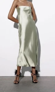Zara Womens Midi Strapless Satin Pistachio Dress - Picture 1 of 7