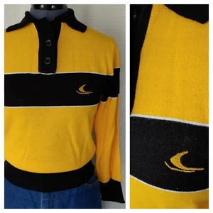 Vintage Bombardier Sprtswr Yellow Sweater w Black Stripe, Collar & Cuffs Sz SML - Picture 1 of 11