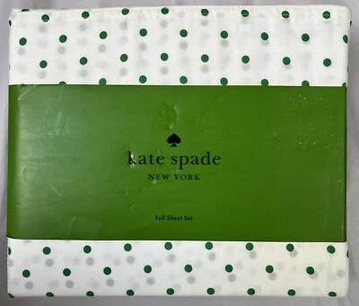 НОВЫЙ НЕРАСПАКОВАННЫЙ ПОЛНЫЙ КОМПЛЕКТ ПРОСТЫНЕЙ KATE SPADE 100% ХЛОПОК ПЕРКАЛЬ БЕЛЫЙ/ЗЕЛЕНЫЙ ГОРОШЕК - Изображение 1 из 2
