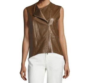 NWT BRUNELLO CUCINELLI Leather Vest Jacket Brown Diagonal Zipper 42 6 Woman Bike - Picture 1 of 9