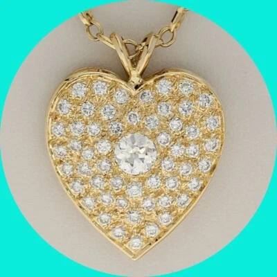 Diamond Encrusted Heart Pendant Necklace 1.67CT 14K YG 18” Chain - Image 1 of 4