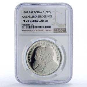 Paraguay 10000 guaranies Caballero Stroessner Politics PF70 NGC silver coin 1987 - Picture 1 of 2