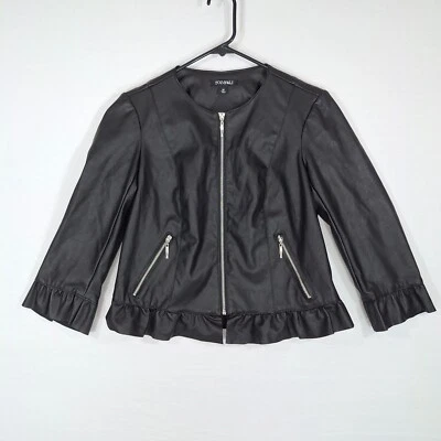 Jaqueta de couro sintético preta Roz & Ali XS com babado recortado bolsos com zíper completo 3/4 - Imagem 1 de 4