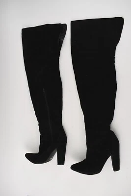 竹制黑色人造麂皮绒及膝靴女式 8.5 码方跟 — 第 1/4 张图片