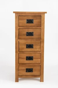 Brown Bedside Table Oak Wood Nightstand 5 Storage Drawer Bed Oak Bedside Cabinet - Picture 1 of 10