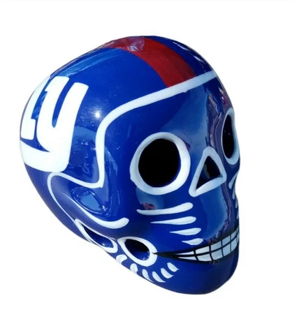 New York Giants Skull Helmet Ceramic Mexican Clay Figure, Hand made/Painted 3'' Cover