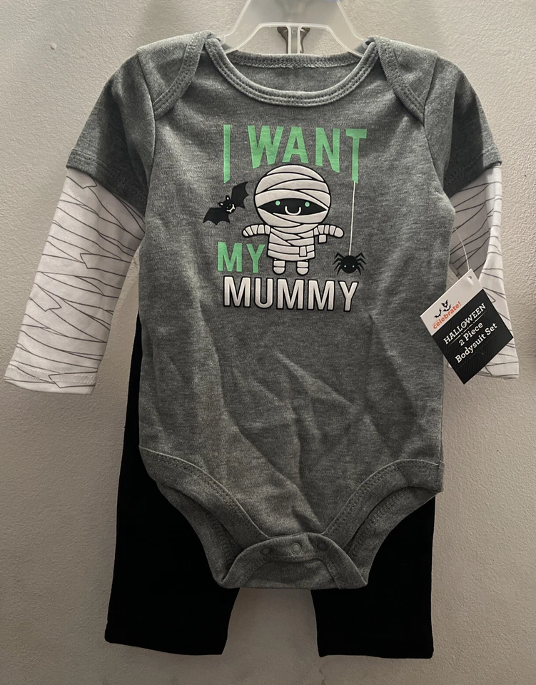 Halloween Baby 2 PC Gray Bodysuit Outfit W/ Pants I Want My Mummy Newborn
