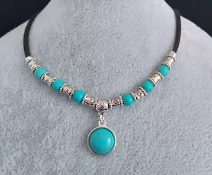 Turquoise 12 mm Cabochon, Turquoise & Tibetan Silver Bead Leather Necklace - Picture 1 of 6