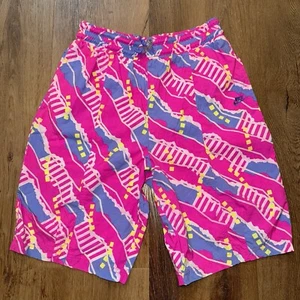 Vintage Nike Shorts 80s 90s Swoosh Neon Nylon Pockets AOP retro Womens Medium - Picture 1 of 10