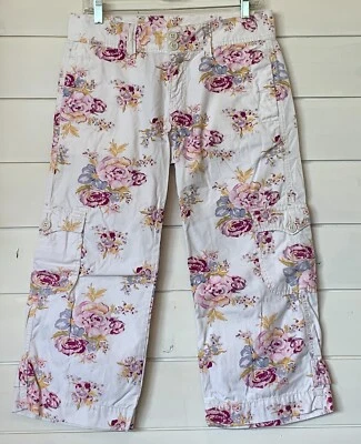 Винтажный Y2K Lucky Brand Dungarees ОТ Montesano Cargo Capris 8/29 БЕЛЫЙ И РОЗОВЫЙ с цветочным рисунком - Изображение 1 из 4