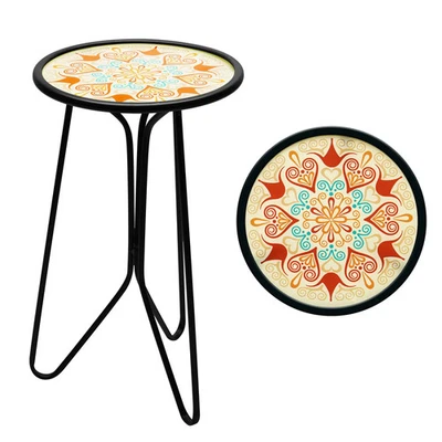 Mesa auxiliar exterior vidrio redondo G128 12 pulgadas naranja patrón mandala soporte para plantas Foto 1 de 4