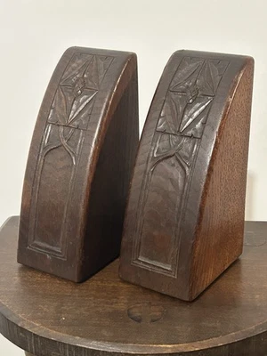 Arthur Simpson Of Kendal Carved Oak Arts Crafts Bookends Nouveau Lakes Keswick - Image 1 of 4