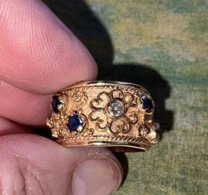 Vintage 14K Genuine Diamond & Sapphire Eternity Wide Band Ring - Picture 1 of 10