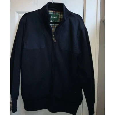 ORVIS Mens 100% Wool Full Zip Shooting Jacket Bomber Hunting Navy Blue plaid SM - Image 1 of 4