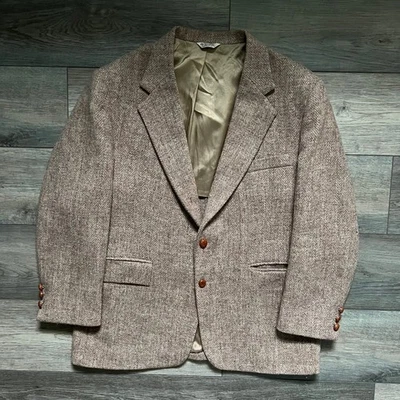 Harris Tweed Men 42R Wool Blazer Brown Herringbone Jacket Scottish Handwoven - Image 1 of 4