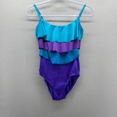 Купальник винтажный 80-х Sirena жидкий атласный женский 8 оборок фиолетовый бирюзовый омбре - Изображение 1 из 4