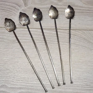 5 cannucce Sippers foglie argento sterling 8" cucchiaini da tè vintage cocktail agitatore Messico - Foto 1 di 7