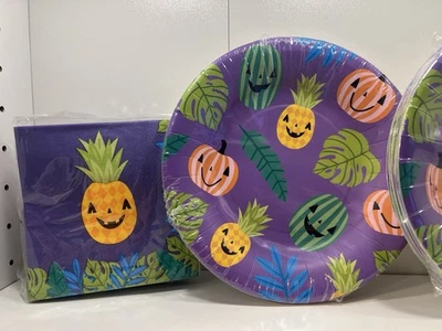 Juego de 4 platos y servilletas de fiesta de papel calabazas frutas Halloween verano Summerween Foto 1 de 3