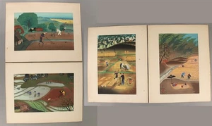 SET 4 xilografie giapponesi vintage 1951 Ohno Bakufu RISO AGRICOLTURA fattoria NR - Foto 1 di 12