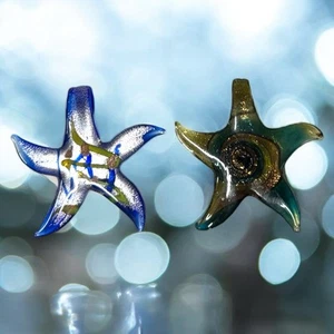 Artisan Blown Glass Starfish Pendants Green Blue Shades Swirled Set of 2 - Picture 1 of 6
