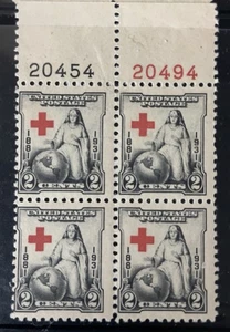 Scott 702, 2c Red Cross, Plate block/4, Top #s20494(R)/20454(B) MNH Free Ship - Picture 1 of 1