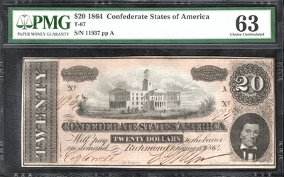 T-67 1864 $20 CONFEDERATE CURRENCY PMG 63 CIVIL WAR BILL 11937-4 - Image 1 of 2