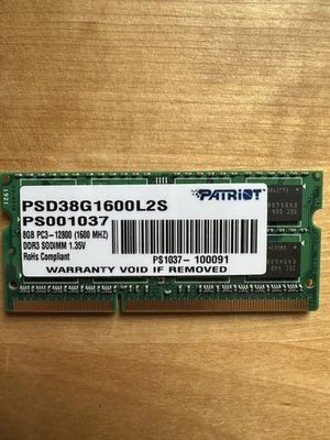 Patriot 8GB PC3-12800 1600 Mhz PSD38G1600L2S SO-DIMM Laptop Memory RAM - Image 1 of 2