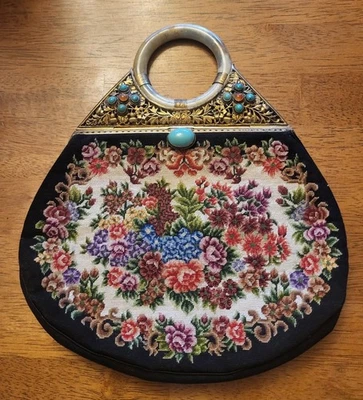 Art Deco Petit Point Purse with Jade Bangle Handle Turquoise & Carnelian Accent - Image 1 of 4