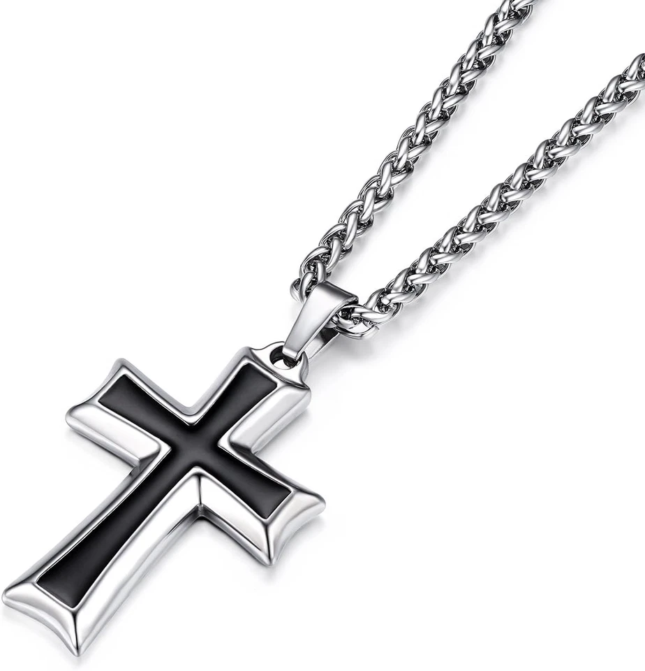 HZMAN Mens Stainless Steel Cross Pendant Necklace with Wheat Chain