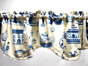 Paar FRANZÖSISCHES LAND hellgelb & blau Zackenlitze Baumwolle Ente VALANCEN 74" W - Bild 1 von 9