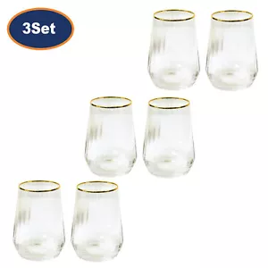More details for 6pcs tumblers clear 600ml liquor glass gold rim ribbed classic style glassware