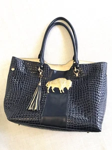 BOSOM BUDDY Large Totebag Handbag Blue Mock Crocodile Gold Buffalo Tassel EUC - Picture 1 of 16