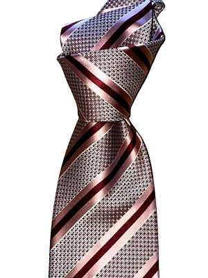 $295 Novo sem etiquetas Brioni Mauve com listras de cetim rosa e vinho 3,5" gravata de seda feita à mão - Imagem 1 de 4