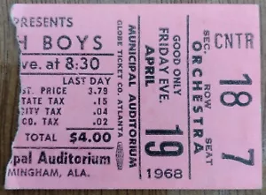 THE BEACH BOYS 19.4.1968 Städtisches Auditorium Alabama Konzertticket Stub - Bild 1 von 2