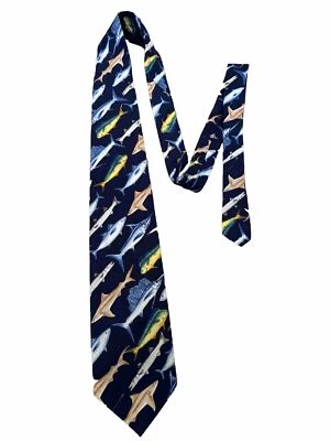 Corbata vintage TIE BY OMEGA azul multi pez tiburón trucha pesca Foto 1 de 2